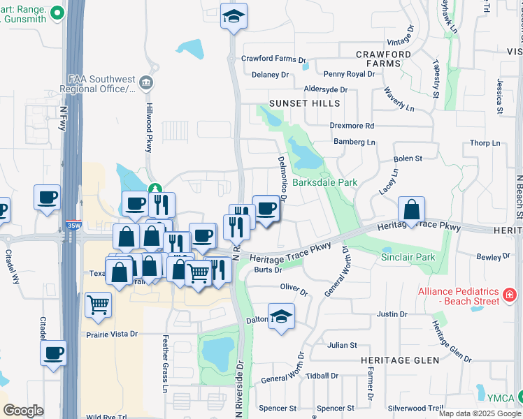 map of restaurants, bars, coffee shops, grocery stores, and more near 9704 Hathman Lane in Fort Worth