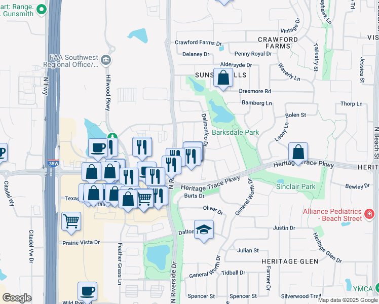 map of restaurants, bars, coffee shops, grocery stores, and more near 9704 Hathman Lane in Fort Worth