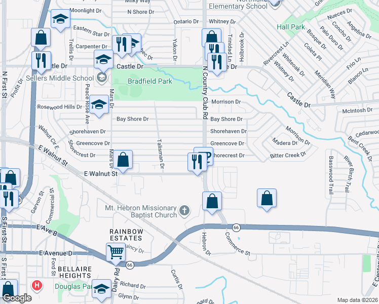 map of restaurants, bars, coffee shops, grocery stores, and more near 1301 Shorecrest Dr in Garland