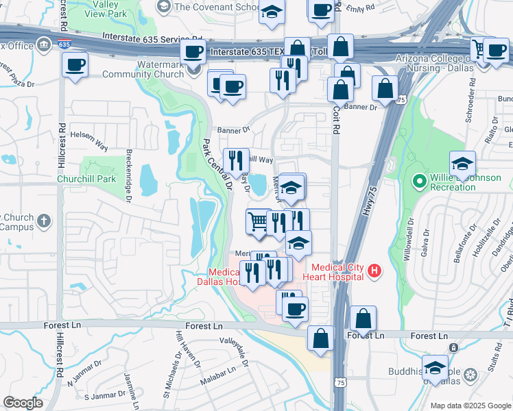 map of restaurants, bars, coffee shops, grocery stores, and more near 12389 Merit Drive in Dallas