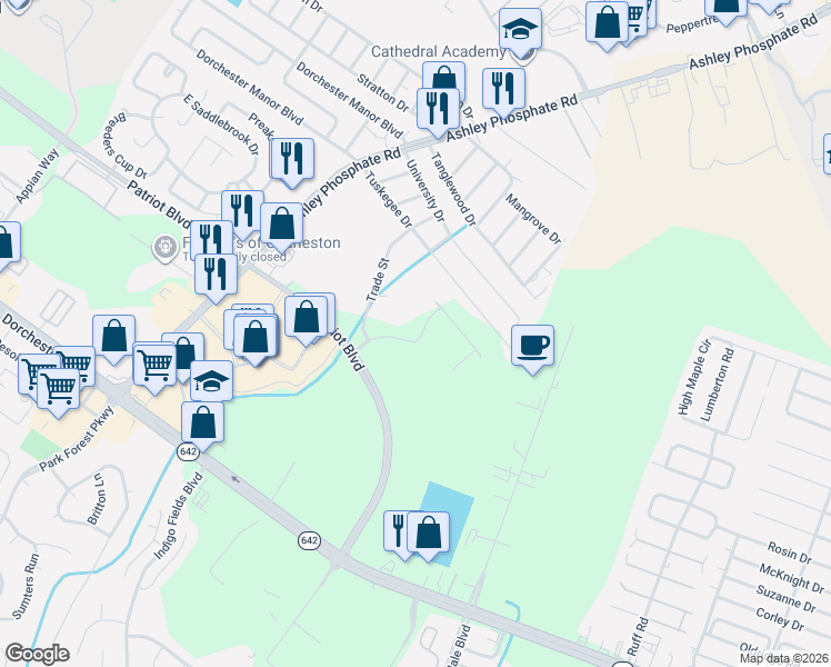 map of restaurants, bars, coffee shops, grocery stores, and more near 4791 Trade Street in North Charleston
