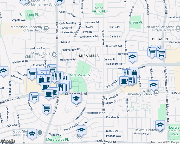 map of restaurants, bars, coffee shops, grocery stores, and more near 8580-16 New Salem Street in San Diego