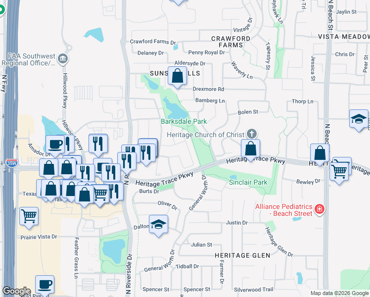 map of restaurants, bars, coffee shops, grocery stores, and more near 9633 Lankford Trail in Fort Worth