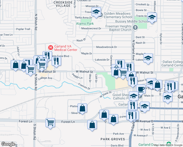 map of restaurants, bars, coffee shops, grocery stores, and more near 410 Rita Drive in Garland