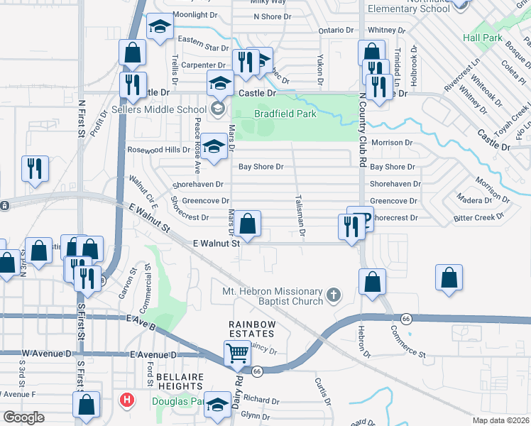 map of restaurants, bars, coffee shops, grocery stores, and more near 913 Shorecrest Drive in Garland