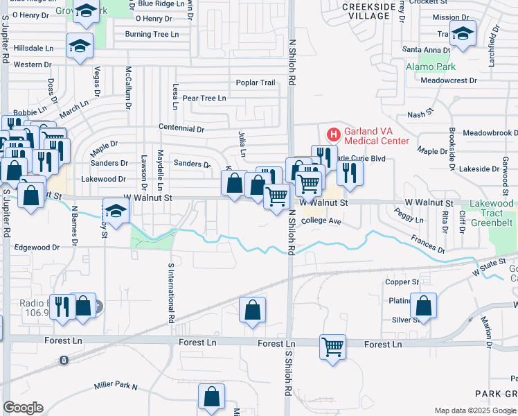 map of restaurants, bars, coffee shops, grocery stores, and more near 2602 West Walnut Street in Garland
