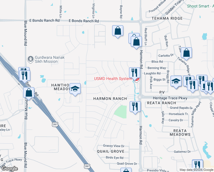 map of restaurants, bars, coffee shops, grocery stores, and more near 9628 Makiposa Lane in Fort Worth