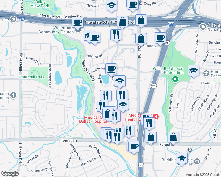 map of restaurants, bars, coffee shops, grocery stores, and more near 12377 Merit Drive in Dallas
