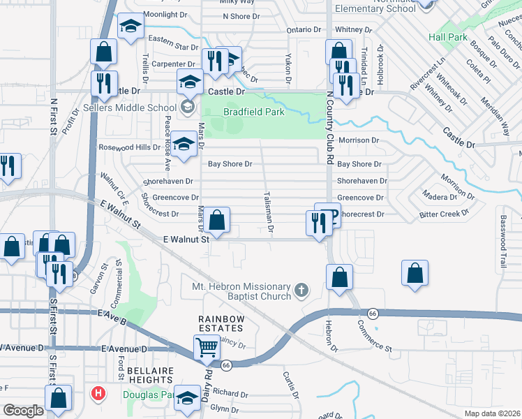 map of restaurants, bars, coffee shops, grocery stores, and more near 1017 Shorecrest Drive in Garland
