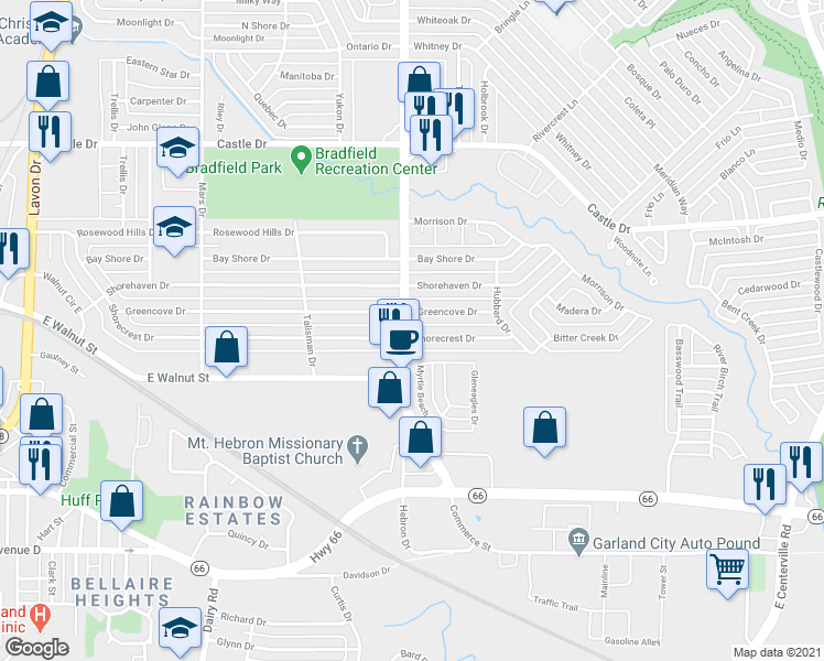 map of restaurants, bars, coffee shops, grocery stores, and more near 1401 Shorecrest Drive in Garland