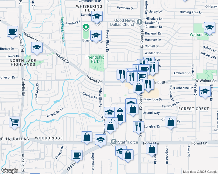 map of restaurants, bars, coffee shops, grocery stores, and more near 10442 Las Brisas Drive in Dallas