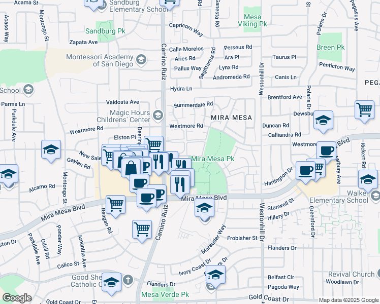 map of restaurants, bars, coffee shops, grocery stores, and more near 8444 New Salem Street in San Diego