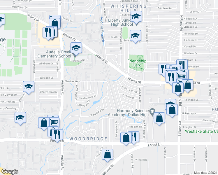 map of restaurants, bars, coffee shops, grocery stores, and more near 10104 Shadow Way in Dallas
