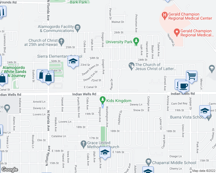 map of restaurants, bars, coffee shops, grocery stores, and more near 2109 Pecan Drive in Alamogordo