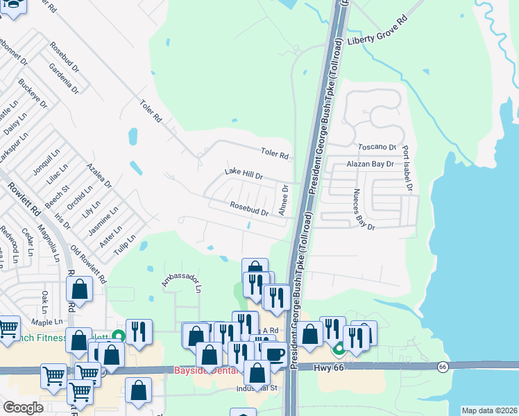map of restaurants, bars, coffee shops, grocery stores, and more near 6301 Virginia Court in Rowlett