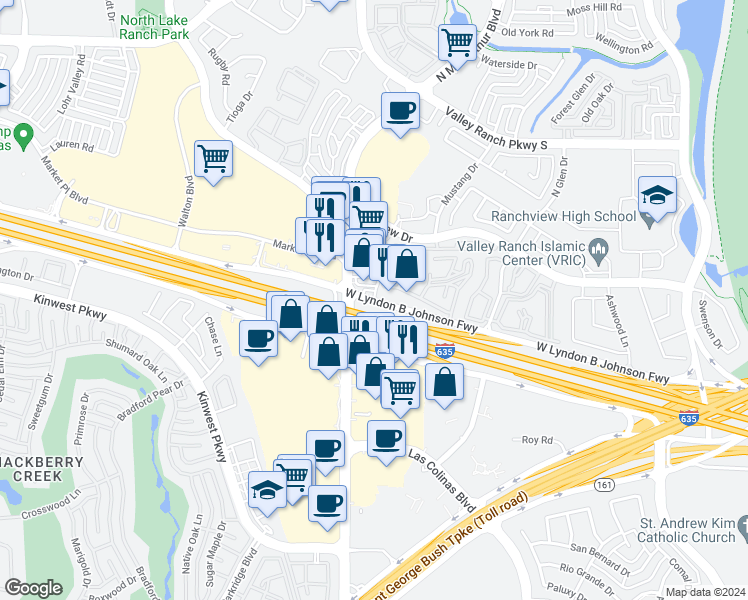 map of restaurants, bars, coffee shops, grocery stores, and more near 707 West Lyndon B Johnson Freeway in Irving