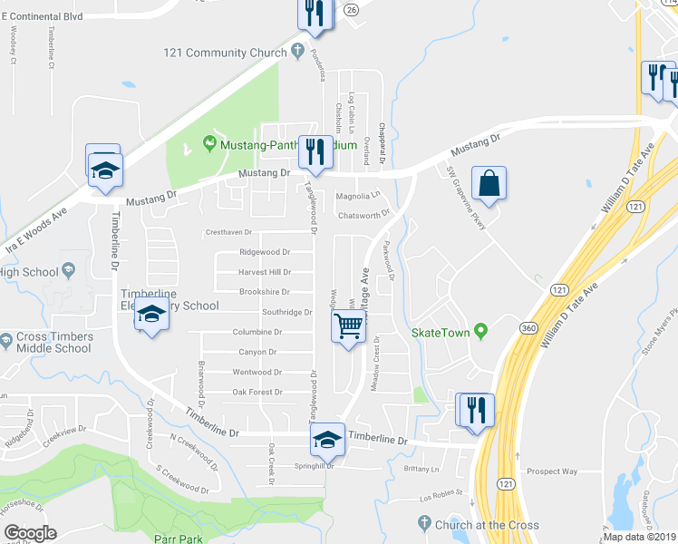 map of restaurants, bars, coffee shops, grocery stores, and more near 2041 Wedgewood Drive in Grapevine