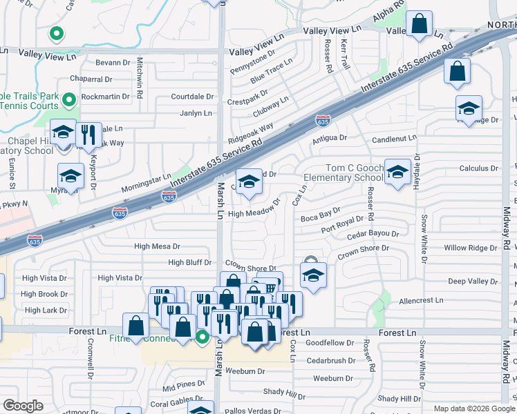 map of restaurants, bars, coffee shops, grocery stores, and more near 12449 High Meadow Drive in Dallas