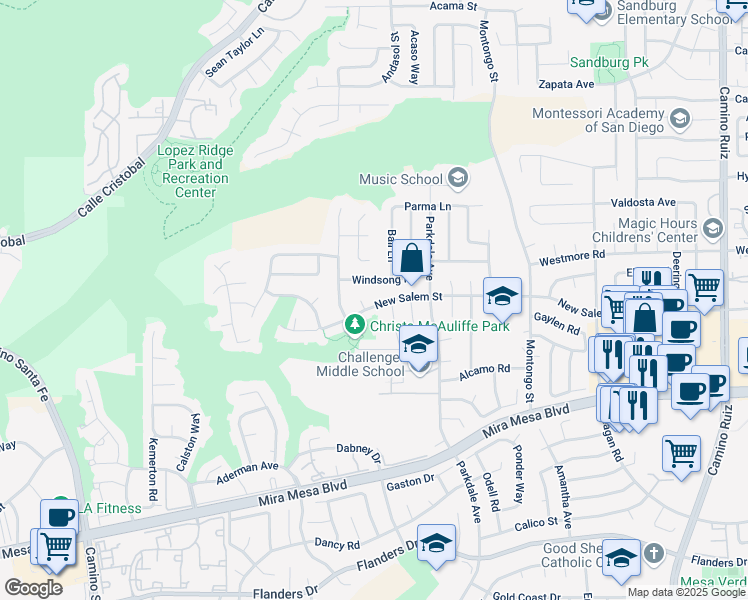 map of restaurants, bars, coffee shops, grocery stores, and more near 7582 New Salem Street in San Diego