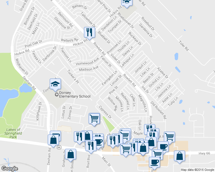 map of restaurants, bars, coffee shops, grocery stores, and more near 6221 Locust Street in Rowlett
