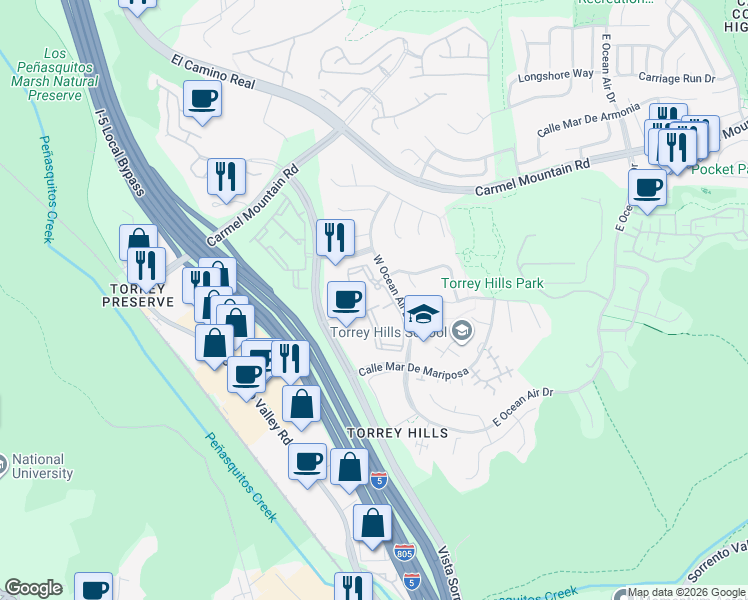 map of restaurants, bars, coffee shops, grocery stores, and more near 11042 West Ocean Air Drive in San Diego