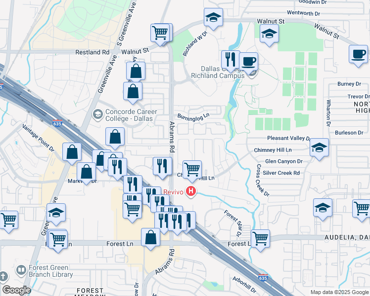map of restaurants, bars, coffee shops, grocery stores, and more near 12250 Abrams Road in Dallas
