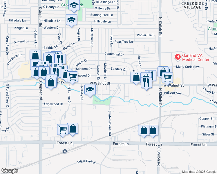 map of restaurants, bars, coffee shops, grocery stores, and more near 2914 West Walnut Street in Garland
