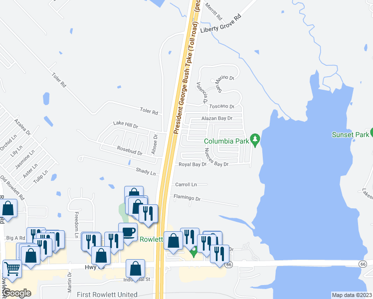 map of restaurants, bars, coffee shops, grocery stores, and more near 5109 Matagorda Bay Court in Rowlett
