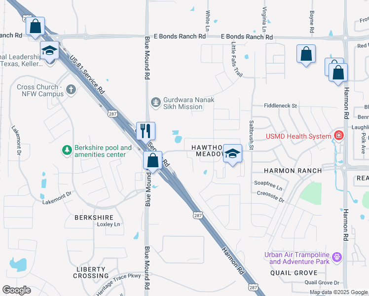 map of restaurants, bars, coffee shops, grocery stores, and more near 900 Blooming Prairie Trail in Fort Worth