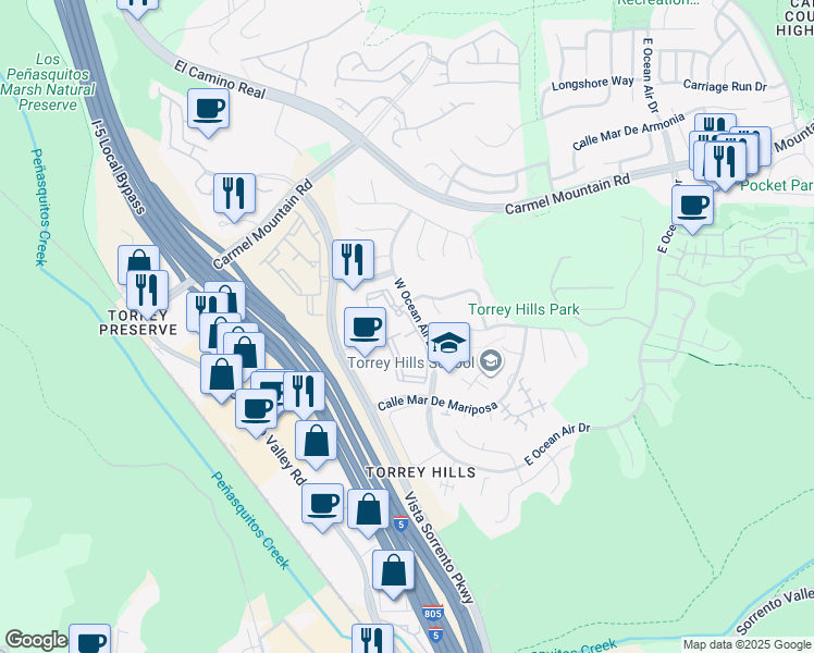 map of restaurants, bars, coffee shops, grocery stores, and more near 11042 West Ocean Air Drive in San Diego