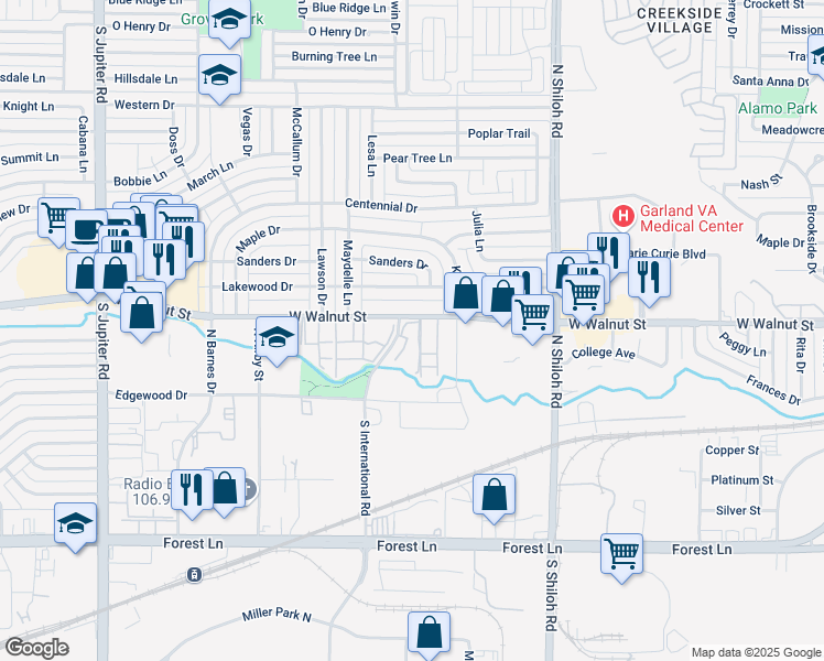 map of restaurants, bars, coffee shops, grocery stores, and more near 2800 West Walnut Street in Garland