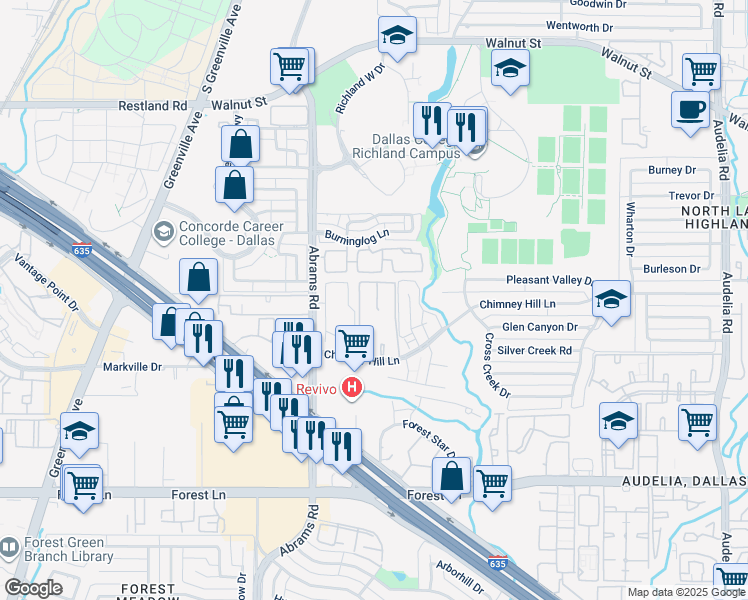 map of restaurants, bars, coffee shops, grocery stores, and more near 9655 Chimney Hill Ln in Dallas