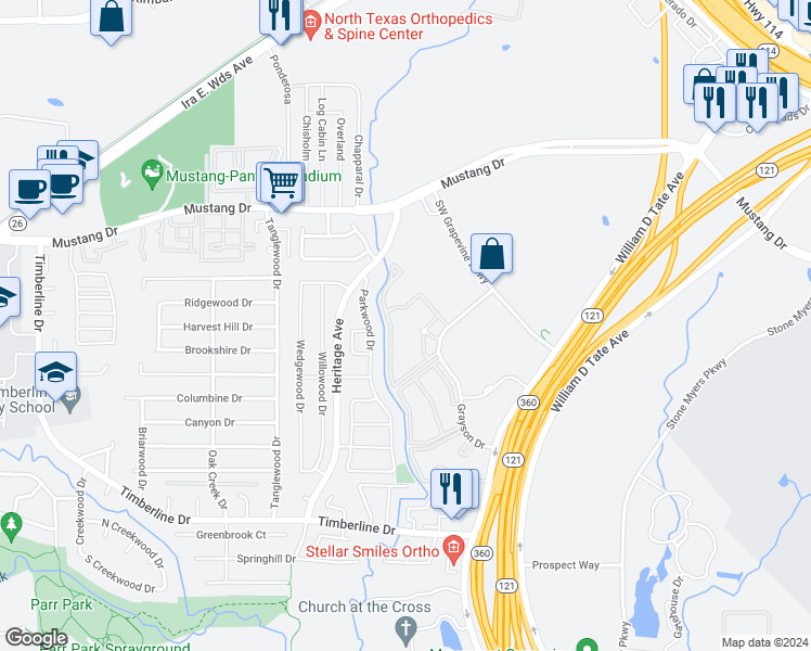 map of restaurants, bars, coffee shops, grocery stores, and more near 2050 Grayson Drive in Grapevine