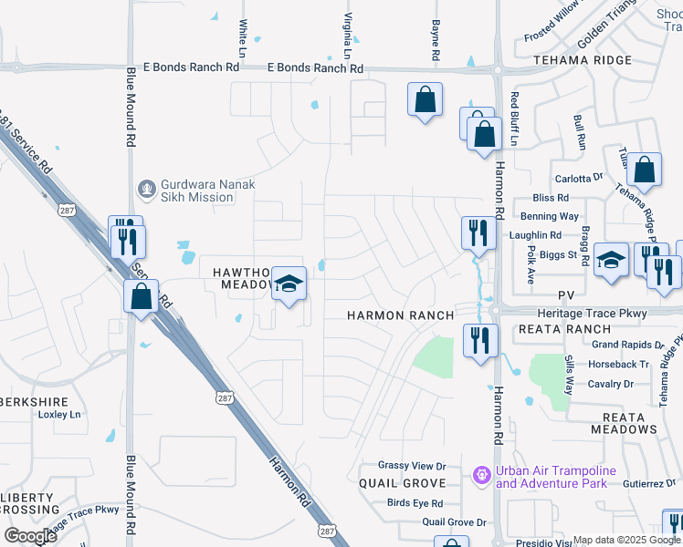 map of restaurants, bars, coffee shops, grocery stores, and more near 1301 Spanish Needle Trail in Fort Worth