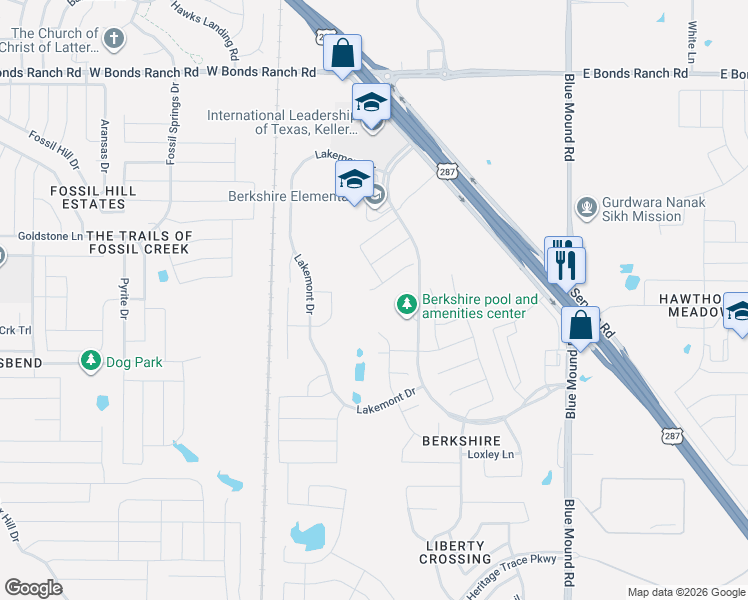 map of restaurants, bars, coffee shops, grocery stores, and more near Berkshire Lake Boulevard in Fort Worth