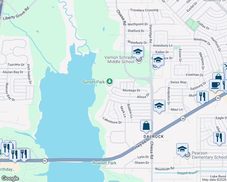 map of restaurants, bars, coffee shops, grocery stores, and more near 6200 Alissa Drive in Rowlett
