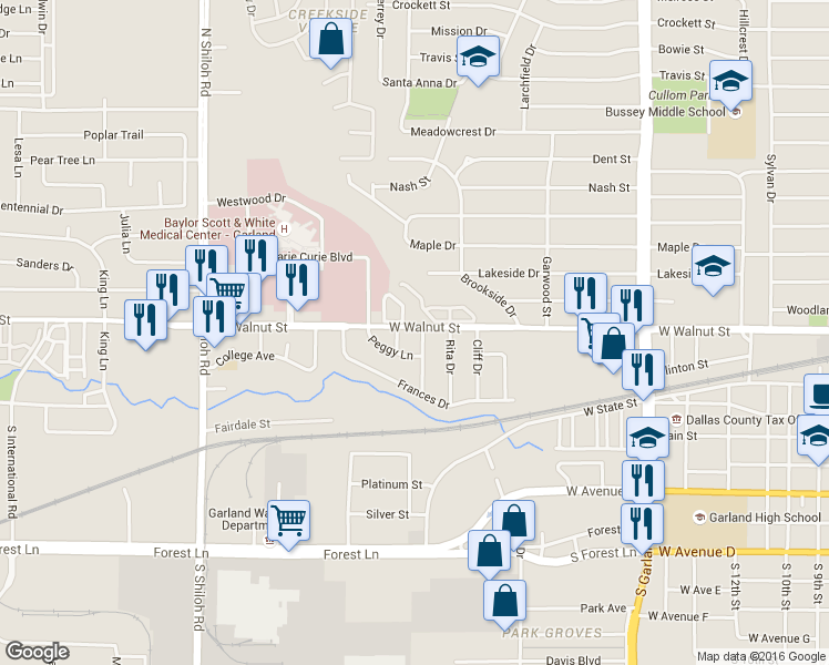 map of restaurants, bars, coffee shops, grocery stores, and more near 417 Stanton Drive in Garland