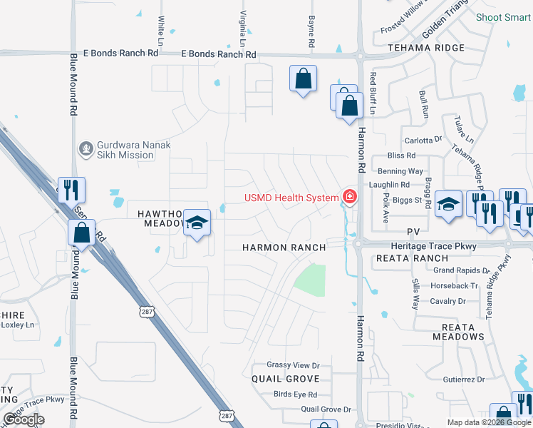 map of restaurants, bars, coffee shops, grocery stores, and more near 9628 Makiposa Lane in Fort Worth