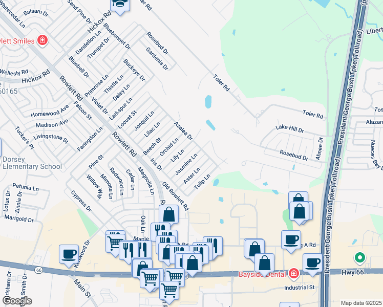 map of restaurants, bars, coffee shops, grocery stores, and more near 3507 Jasmine Lane in Rowlett
