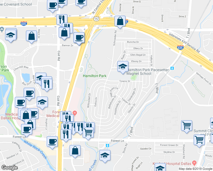map of restaurants, bars, coffee shops, grocery stores, and more near 8205 Benares Drive in Dallas