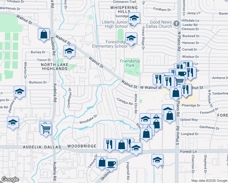 map of restaurants, bars, coffee shops, grocery stores, and more near 10738 Black Walnut Dr in Dallas