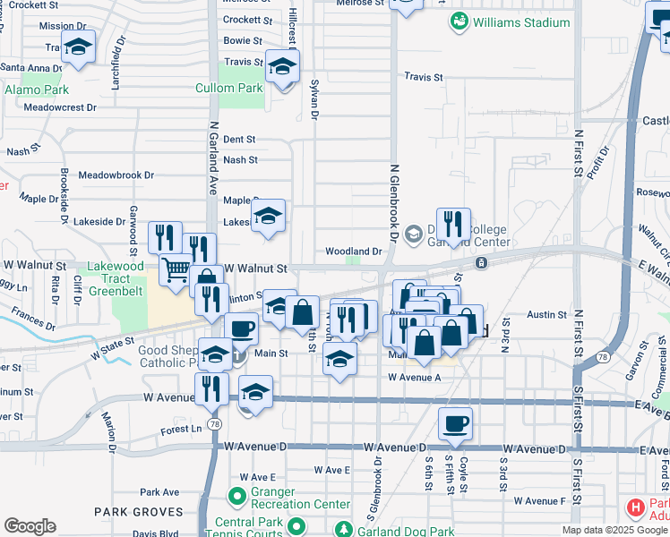 map of restaurants, bars, coffee shops, grocery stores, and more near in Garland