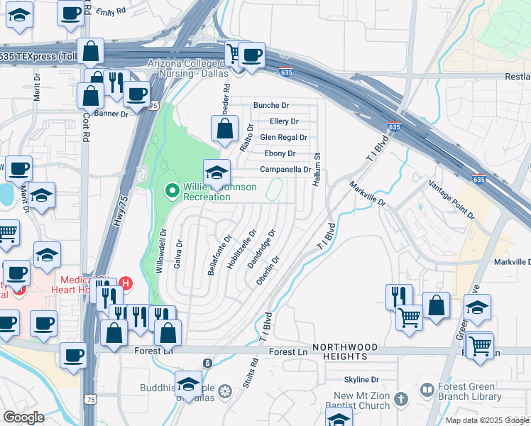 map of restaurants, bars, coffee shops, grocery stores, and more near 12307 Hoblitzelle Drive in Dallas