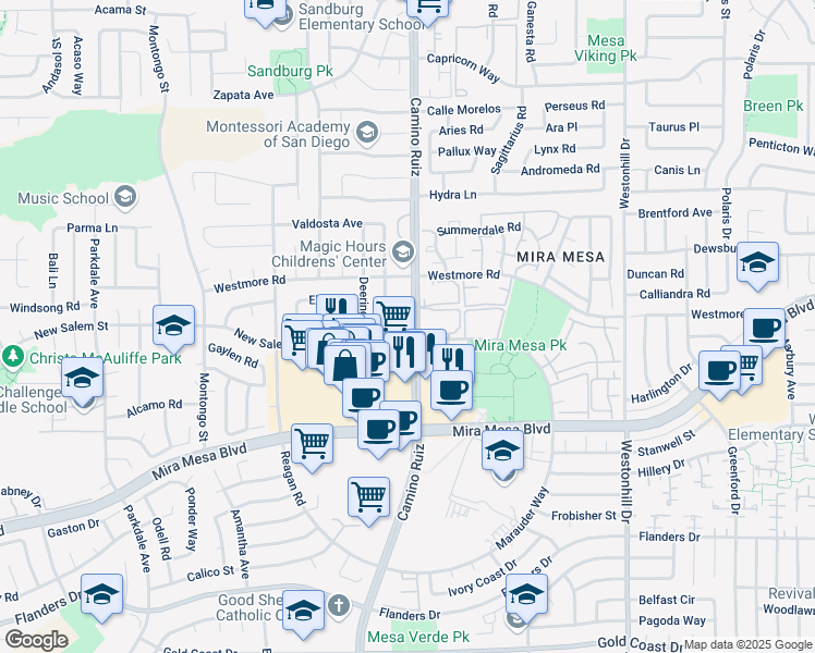 map of restaurants, bars, coffee shops, grocery stores, and more near 10802 Camino Ruiz in San Diego