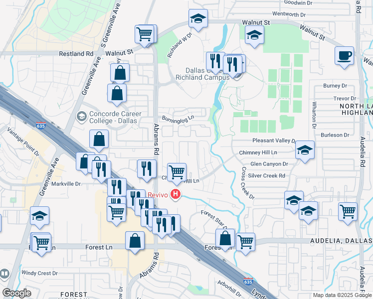 map of restaurants, bars, coffee shops, grocery stores, and more near 9655 Chimney Hill Ln in Dallas