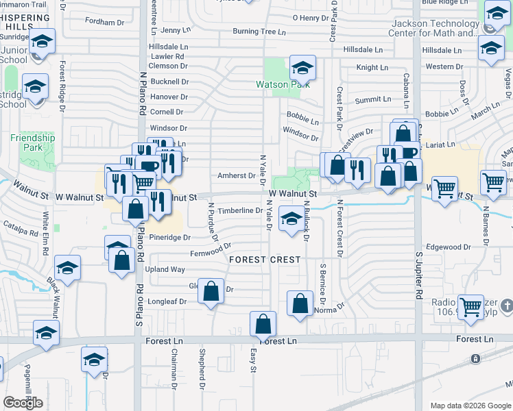 map of restaurants, bars, coffee shops, grocery stores, and more near 4005 Timberline Drive in Garland