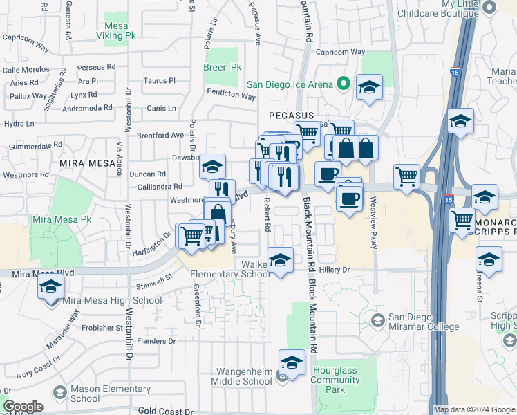map of restaurants, bars, coffee shops, grocery stores, and more near 10760 Rickert Road in San Diego