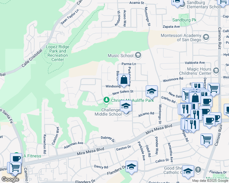 map of restaurants, bars, coffee shops, grocery stores, and more near 7582 New Salem Street in San Diego