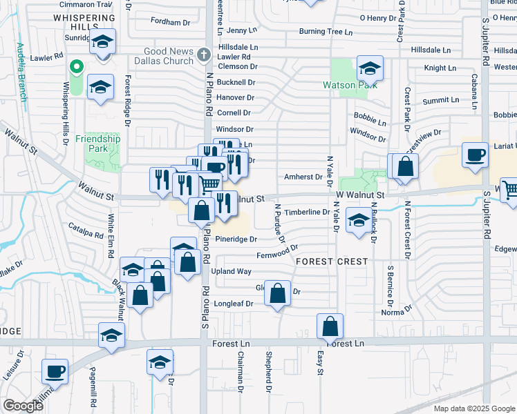 map of restaurants, bars, coffee shops, grocery stores, and more near 4328 West Walnut Street in Garland