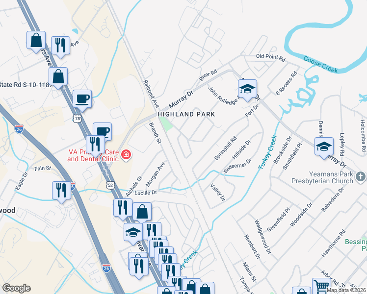 map of restaurants, bars, coffee shops, grocery stores, and more near 1207 Vienna Woods Road in Hanahan